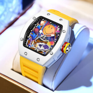Men’s Barrel-Shaped Quartz Watch with Smiley Face Dial | Luminous Hollow Fashion Wristwatch