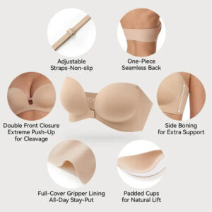 LUCKMEEY Womens Strapless Front Closure Bra Push Up Lift Bra Padded Add Cup Non Slip Anti-Slip Grip & Removable Straps Fit Outfits Wireless Supportive Seamless Comfortable