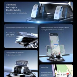 Car phone holder 360 degree rotation, suitablefor car navigation in-car dashboard, horizontaland vertica screen adjustment angle,suctioncup fixed non-slip mobile phone holdersuitable for iPhone and Android