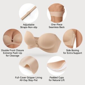LUCKMEEY Womens Strapless Front Closure Bra Push Up Lift Bra Padded Add Cup Non Slip Anti-Slip Grip & Removable Straps Fit Outfits Wireless Supportive Seamless Comfortable