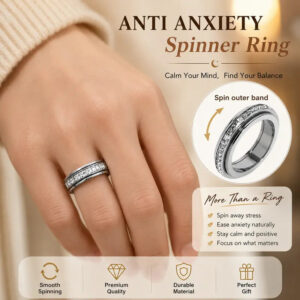 Anxiety Rings for Women and Men Titanium Steel Spinner Fidget Band Rings with Cubic Zirconia for Stress Relief and Wedding Promise Comfort Fit Size 5 to 12
