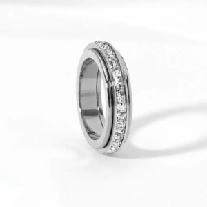 Anxiety Rings for Women and Men Titanium Steel Spinner Fidget Band Rings with Cubic Zirconia for Stress Relief and Wedding Promise Comfort Fit Size 5 to 12