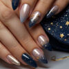 Celestial Night Medium Almond Dark Blue with Glittering Gold Stars Press On Nail Set