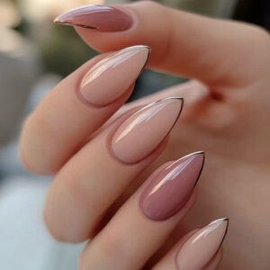 Elegant Enchantment Medium Almond Beige and Dusty Rose Press On Nail Set with Glamorous Gold Accent Tips