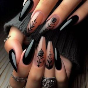Mystical Elegance Long Coffin Shaped Black and Beige Ombré Floral Press-On Nail Set