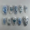 Elegant Love Affair Medium Almond Blue and White with Iridescent Pearls and Charming Silver Accents Press on Nail Set